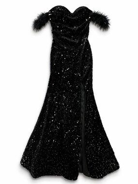 NEW Black Sequin Dress, Black Dress with Feathers Prom NWOT Size S